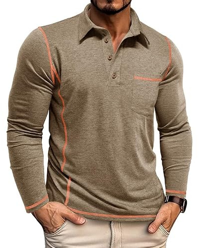 Volemo Mens Long Sleeve Polo Shirts Cotton T-Shirts with Pocket | Soft Breathable, Contrast Stitching, Stretch Fabric, Chest Patch Pocket, Smart Casual Golf Tops, Regular Fit, S-3XL