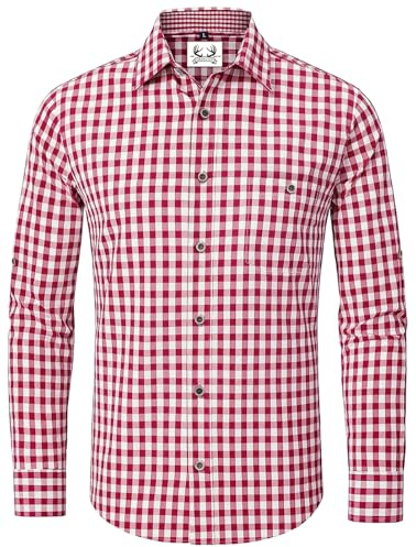 AMZHOTER Camisa de Hombre para Oktoberfest Camisa a Cuadros de Manga Larga para Traje Tradicional de Manga Corta de Algodón Rojo XXL