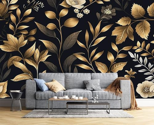 JEDTAKCT Fotomurale 3D Carta Da Parati Fotografica Foglie Metalliche Barocco Lussuoso 200X140Cm Carta Da Parati Camera Letto Moderna Fotomurali Murales Poster Gigante Oro Nero Decorazione