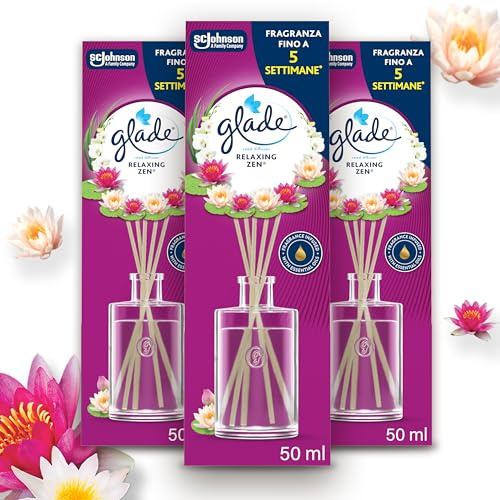 Glade Diffusore a Bastoncini, Profumatore per Ambienti con Oli Essenziali, Fragranza Relaxing Zen, Confezione da 3 diffusori da 50ml