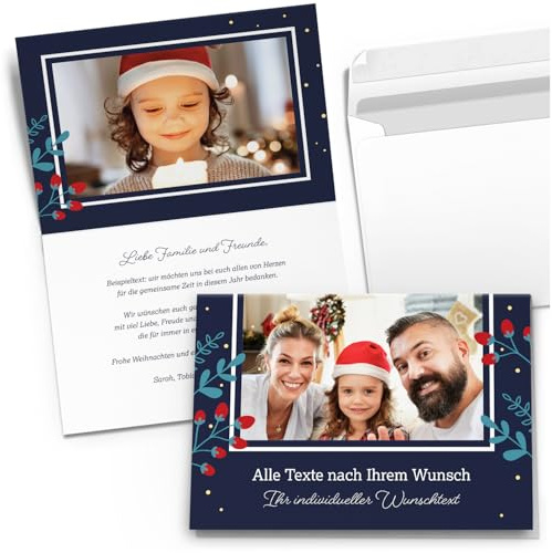 Weihnachtskarten mit Umschlag 50 Stück | PERSONALISIERT mit Text & Foto | Weihnachtskarte selbst gestalten | Premium Grußkarten Set Weihnachten | Vintage Modern – Blau Blumen