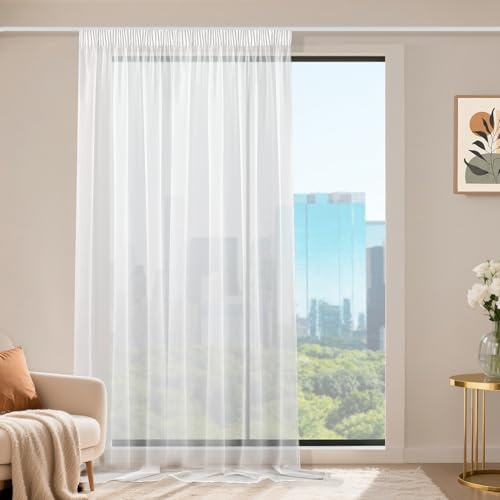 Runyéla Stores Gardinen mit Kräuselband 1er Set, Voile Schiebegardinen 245 x 200 (HxB), Transparent Gardine, Vorhang Weiß, Vorhänge für Wohnzimmer Schlafzimmer Sheer Curtain