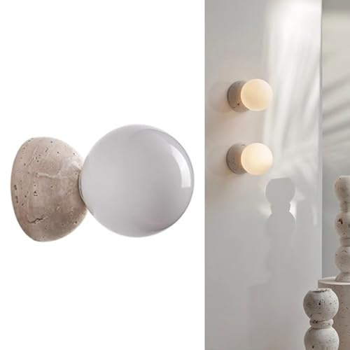 HAOZIWEI Lampada da parete in marmo illuminazione in travertino giallo con paralume in vetro bianco, lampada da comodino in pietra naturale in stile giapponese for camera da letto, ingresso, scale