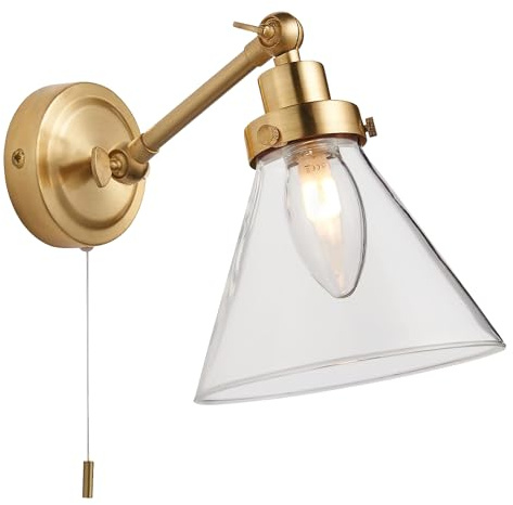 National Lighting Teepee Wall Light - Brass Satin, IP44 Bathroom Wall Light with Pull Cord with Glass Cone Shade - Adjustable Arm, Interior Wall Lights Fixture, G9 LED Compatible - 150-330mm Height