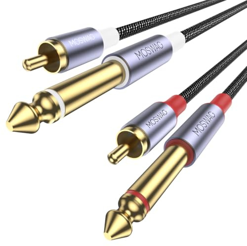 MOSWAG 1.5M Dual RCA to Dual 1/4 Jack Cable,Heavy Duty 2 x 6.35mm TS Mono | Nylon Braided,Oxygen-Free Copper,Gold Plated 2xRCA Male to 2x6.35mm Jack Cord for Amplifier, Mixer, Speaker, TV, Home Theatre