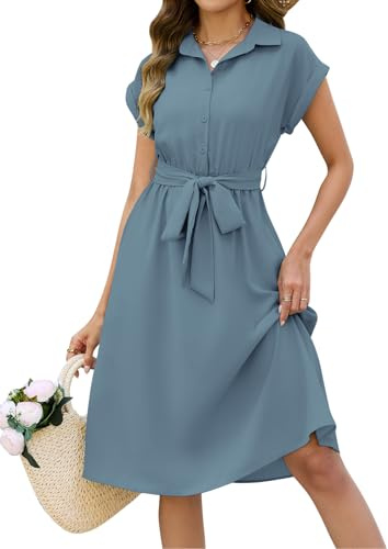 HEEKPEK Vestito Donna Estivo Manica Corta Casual Abito Scollo a V Vita Alta A Line Abiti Lungo Elegante Abito Camicia Colori Solidi Vestiti con Tasche e Cintura (Blu, S)