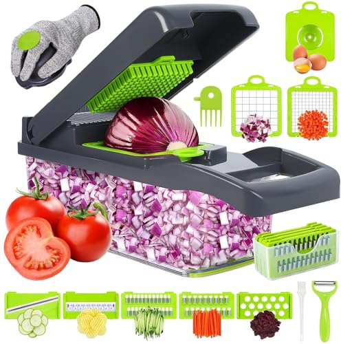 Gemüseschneider, 18-in-1 Mandoline-Hobel – Mehrfunktions-Lebensmittelschneider mit 7 austauschbaren Klingen, Sicherheitshandschuh, Schäler & Reinigungsbürste für Gemüse und Obst (Hellgrau)