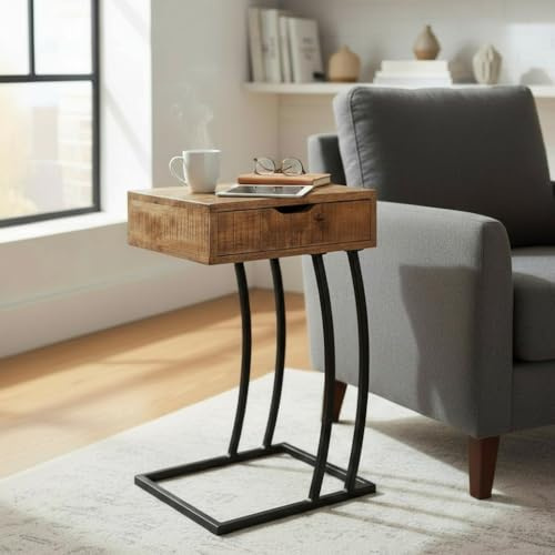 Gall & Zick Beistelltisch aus massivem Mangoholz – eleganter Laptop‑Tisch mit Schublade, ca. 66 × 38 × 30 cm