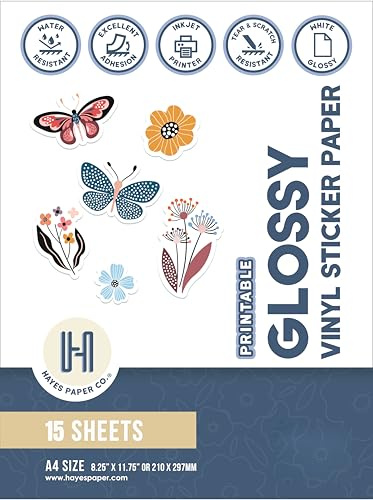 HAYES PAPER, Vinyl-Aufkleber, Folienaufkleber für Tintenstrahldrucker, 15 erstklassige GLÄNZENDE weiße wasserfeste Vinyl Sticker, A4-Größe