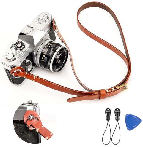 CANPIS Sangle d'appareil photo longue en cuir réglable pour appareils reflex numériques et SLR Sony, Fujifilm, Canon, Nikon, Olympus, Panasonic Rouge et marron.