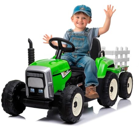 ATAA Ceres traktor med släpvagn – grön – elektrisk traktor för barn med släpvagn och 12 v-batteri, MP3-musik, lampor och föräldrakontroll
