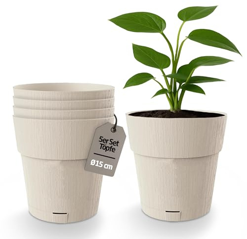 Kigima Lot de 5 pots de fleurs, ronds, à auto-arrosage, 100 % plastique recyclé, 15 cm, beige
