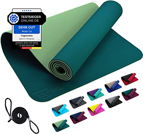 REFIT FITNESS Yoga Matte 190 x 60 x 0,6 cm Moosgrün GeckoGrip Sensi-Plus TPE Yogamatte rutschfest Schadstofffrei Tragegurt Sportmatte Fitnessmatte Gymnastik Sport Pilates