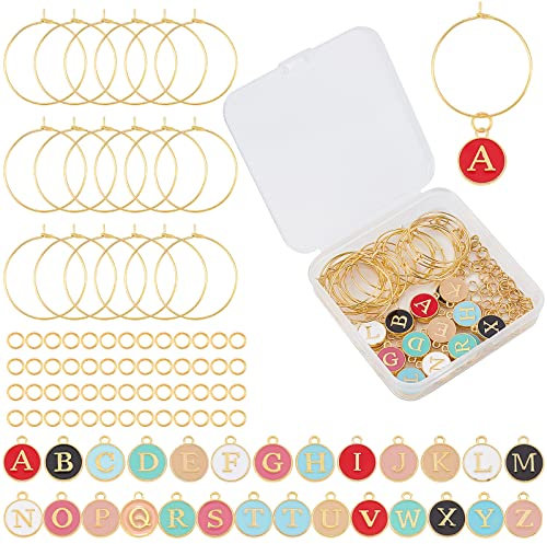 SUNNYCLUE 1 Box 26 Set Getränke Identifikatoren Marker Emaille Anhänger Weinglas Tag Charms Einschließlich Alphabet Buchstaben Legierungs Emaille Anhänger Charm Ringe Biegeringe Für Party