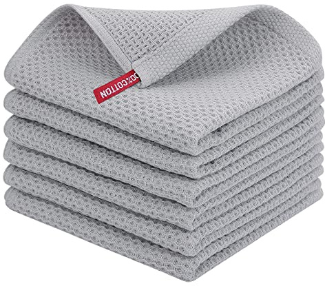 Moosfor 100% Cotton Tea Towels 6 Pk 30 x 30 cm Dish Cloths Light Grey | Highly Absorbent Soft, Quick Drying, Lint-Free, Grease Removing, Gentle on Cookware, Great for Dishes, Sink & Dining Table
