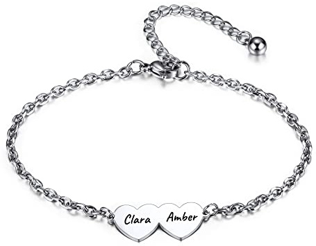 OTXIXTO Pulseras Nombre Personalizado con 2-5 Corazones Grabados Mujer Pulsera con Dijes para Amistad Madre Enlace Ajustable Mejor Regalos para Amigo Cumpleaños Dama de Honor