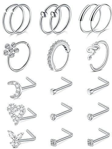 JFORYOU Nose Rings Hoop 20G Nose Rings Studs Surgical Steel L Shape Nose Studs for Women CZ Heart Moon Butterfly Snake Silver Tone Nose Piercings Jewelry