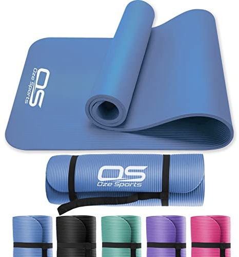 OZE SPORTS Yoga Mat Exercise NBR Fitness foam mat Extra Thick Non-Slip Large Padded High Density ideal for HiiT Pilates gymnastics mats Fitness & Workout with Free Carry Strap (Blue)