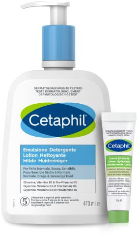 Cetaphil Emulsione Detergente Viso e Corpo, Senza Profumo, Formato 470 ml + Crema Idratante Viso e Corpo, Senza Profumo, Formato Viaggio 14 g