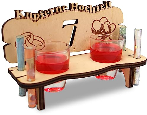 Urhome Hochzeit Schnapsbank aus Holz und 2 Schnapsgläser - 7. Hochzeitstag zur Kupferne Hochzeit - Hochzeitsbank mit Gläser zum Jubiläum Jahrestag - Hochzeitsgeschenk für Brautpaar