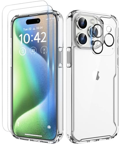 ORETECH Cover per iPhone 15 Pro, Custodia iPhone 15 Pro(6.1''), 2 Pezzi Pellicola Protettiva in Vetro Temperato & 1 Pellicola Fotocamera Antiurto Ultra Sottile Hard PC Silicone Cover - Trasparente