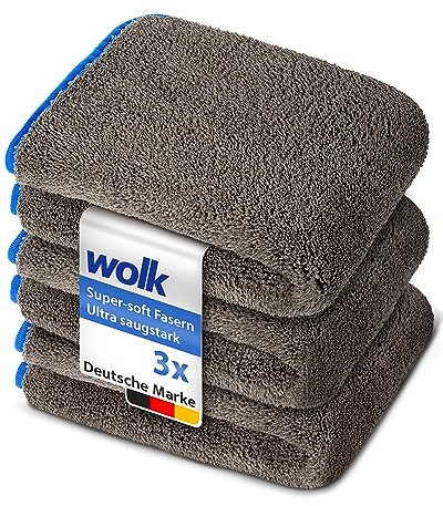 wolk Auto Trockentuch 3er Set 1200 GSM, Mikrofasertuch Auto 40x40 cm | 1200 GSM Premium-Mikrofaser. Fusselfrei, lackschonend und streifenfrei in Grau/Blau.