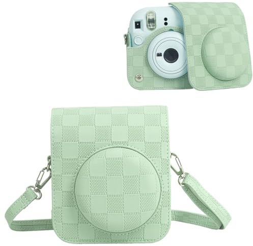 HIYQIN Camera Case Compatible with Fujifilm Instax Instant Mini 12, Checkerboard Style Camera Carry Bag for Fuji Instax Mini 12 with Strap - Mint Green
