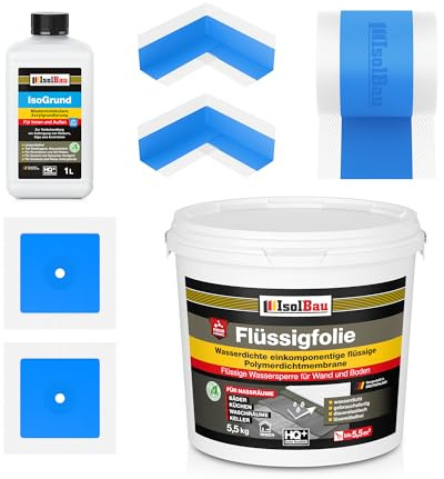 Isolbau Dicht-Set - Inkl. 1x Flüssigfolie (5,5 kg), 1x Isogrund (1 L), 1x Dichtband (5 m), 2x Innenecken & 2x Manschetten