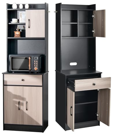 KOMFOTTEU Credenza Alta da Cucina 180 cm, Mobile Cucina Dispensa con Fori Cavi, Mobile Buffet con Ripiano Regolabile, 3 Ante e Cassetto, per Soggiorno, Sala da Pranzo, Bagno, 60 x 40 x 180 cm (Nero)