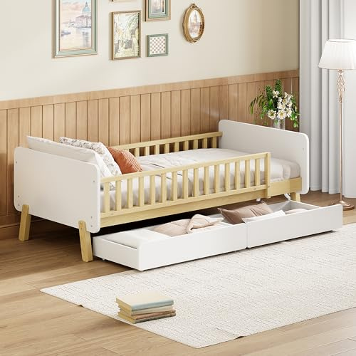 Idemon Cuna 90x190 con 2 cajones, cama individual de madera maciza con somier (blanco)