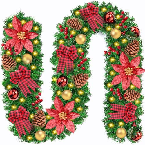 POWLYB Weihnachtsgirlande Dekoration, Weihnachtsgirlande mit Beleuchtung Künstlich Tannengirlande mit Red Blumen, Weihnachtskranz Weihnachtsdeko für Haus Treppen Kamin Haustür Weihnachtsdeko-2.7M
