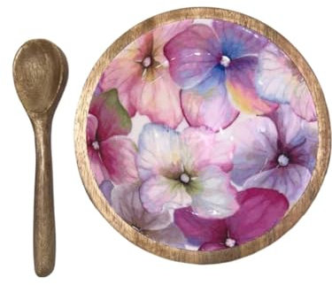 Lot de 2 bols en bois pour servir de la salade, des collations et des fruits secs | Bol en bois de manguier avec motif en émail imprimé floral | Bol décoratif imprimé avec cuillère en bois (lot de 2,