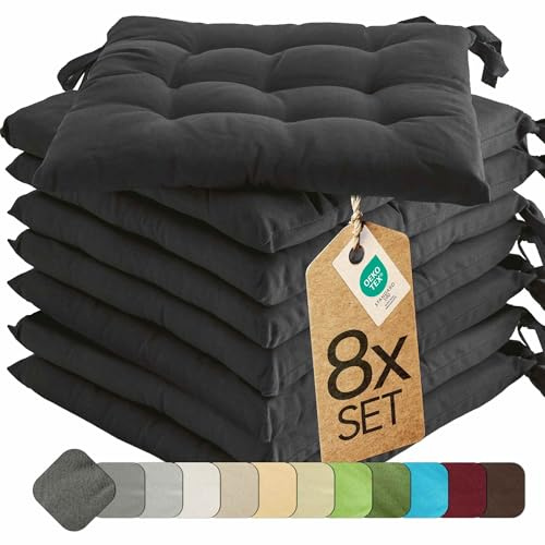 etérea Basic Sitzkissen 40x40 cm 8er Set mit Bändern Anthrazit | Mit Bändern · Fest gepolstert · Indoor & Outdoor · 30°C waschbar · 55% Baumwolle, 45% Polyester · OEKO-TEX Made in Green
