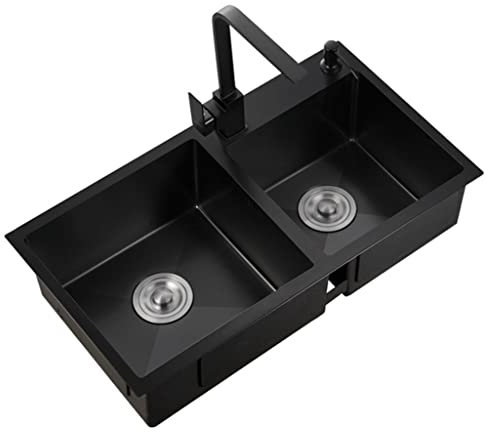 GODFSAHG Küchenspülen Schwarze Küchenspüle mit Doppelbecken und Bar-Vorbereitung, Küchenspüle mit quadratischem Wasserhahn, Einbauspüle aus Edelstahl 304, Unterbauspüle für die Küche (Farbe