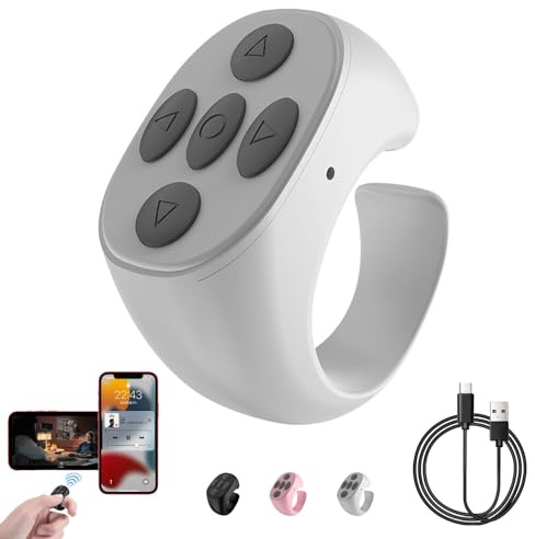 Drahtlose Bluetooth-Fernbedienung Per Fingertipp, Bluetooth Fernbedienung, Fingerspitzen Seitenwender Scrolling Ring Wiederaufladbares Selfie Kamera Fernauslöser für Handys und Tablets (Weiß)