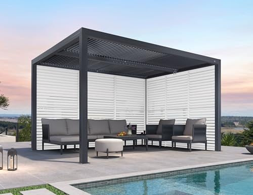 PURPLE LEAF Pergola Bioclimatique 4 x 3,3 m Pergola Aluminium avec Persienne Fixes sur Un Côté, Tonnelle de Jardin Exterieur Lames Orientables pour Patio Terrasse Exterieur, 1 Côté Court, Gris