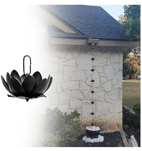 ENSDIEPLS Rain Catcher Chain 1m Decorative Lotus Flower Cups, Garden/Front Door Rain Guide Chain Kit,to Replace Gutter Downspout(Black)