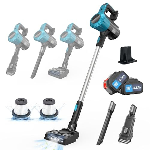 Psogpone Cordless Vacuum Cleaner for Makita 18V Battery, 45Kpa 550W 6-in-1 Stick Vacuum with 2 * 5500mAH Battery, Powerful Vacuum with LED Headlights, Lightweight and Versatile