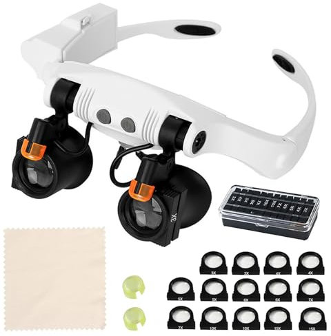 Bocguy Lupenbrille mit Licht, Stirnbandlupe, Hands Free Head Lupen mit 2 LED-Lichtern Wechselobjektiv 3X 4X 5X 6X 7X 10X 15X für Hobby, Lesen, Elektriker, Juweliere, Nähen, Reparatur