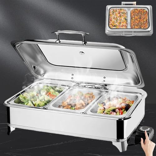Aocay Chafing Dish Elettrico, 9L Scaldavivande Elettrico per Buffet Acciaio Inox, Contenitore Scalda Cibo Professionale Temperatura Regolabile per Buffet, Feste e Banchetti(A,1/3 Pan)