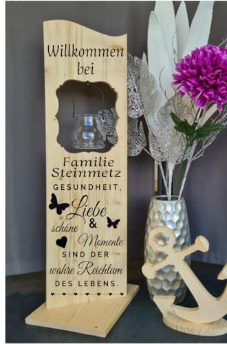Designbysh Personalisierter Holzaufsteller, Holz Deko Schild Holzschild Eingangsschild mit Windlicht aus Glas, Gesundheit Liebe und schöne Momente sind der wahre Reichtum des Lebens