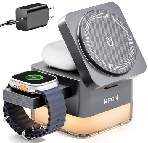 KPON Ladestation Apple Watch und iPhone, 3-in-1 Cube für Magsafe Ladegerät, Kompatibel mit iPhone 17 16 15 14 13 12 Air/Pro Max,für Apple Watch 11/10/9 (Dunkelgrau)