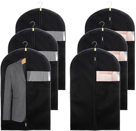 6 Pcs Custodie Sacchetti Vestiti in Tessuto non Tessuto da Appendere 60 x 100 cm, Copriabiti Riutilizzabili Nero Antipolvere con Finestra e Cerniera, per Camicie, Completi, Giacche e Abiti