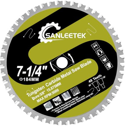 Lama per Sega Circolare 184mm - SANLEETEK TCT Metallo Disco da Taglio 48T per Acciaio Ferro Acciaio Inox Metalli Ferrosi Tubo Alesaggio 15,875 mm