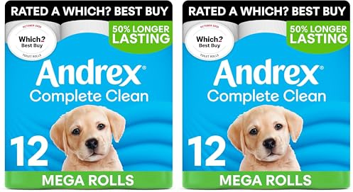 Andrex Complete Clean 12 Mega Toilet Rolls: 18 Standard Toilet Rolls, 50% Longer Lasting Paper with Unique 3D Wave Texture for a Proven, Effective Clean, FSC Certified (Pack of 2)