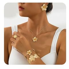 XFSRG Schmuckset für Damen Böhmische Zarte Blume Metall Blatt Halskette Verstellbares Armband Tropfen Ohrringe und Ring Set für Braut Brautjungfern