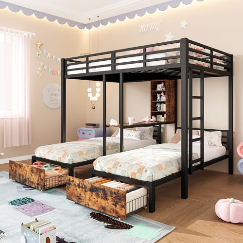 NovaFurnish Etagenbett, 140x200cm+90x200cm, 3 Betten, mit Seitengittern, mit Staufächern, 2 Schubladen, Regalen, ohne Matratze, Schwarz