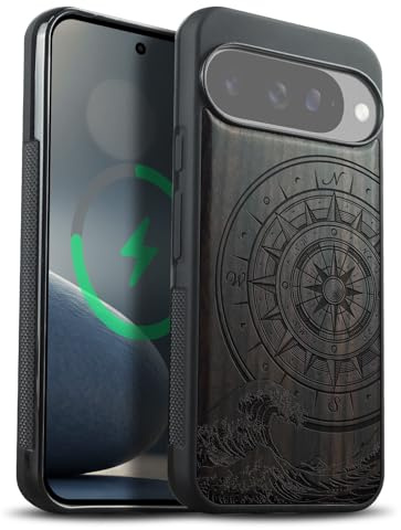 Carveit Coque pour Pixel 10 / Pixel 10 Pro, (Sombre-Boussole Vagues) | Magnétique pour Bois Cover, Case de Téléphone Antichoc Bumper TPU Étui Compatible Magsafe Google Pixel 10 Pro / 10 Coque