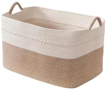 Extra large laundry basket woven from natural cotton rope with handles storage blankets for living rome big decorative quilted baskets for clothes toys pillows hamper 24x16x14 white/brown