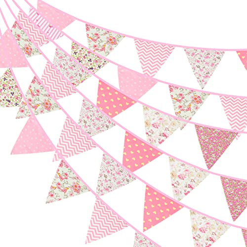 G2PLUS 39Ft Triangle Bunting Banner, 42Pcs Pink Floral Garland Pennant Banner, Reusable Cotton Triangle Flags Party Decoration for Birthday, Wedding, Garden Tea Party, Baby Shower, Room Decor